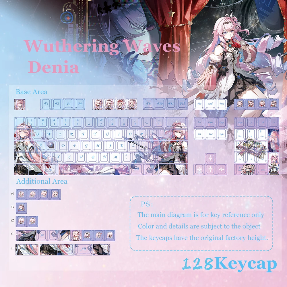 Anime Wuthering Waves Denia PBT 128 Key Caps Cosplay Props Axis Side Engraved Mechanicale Keycaps Gaming Tabletop Supplies