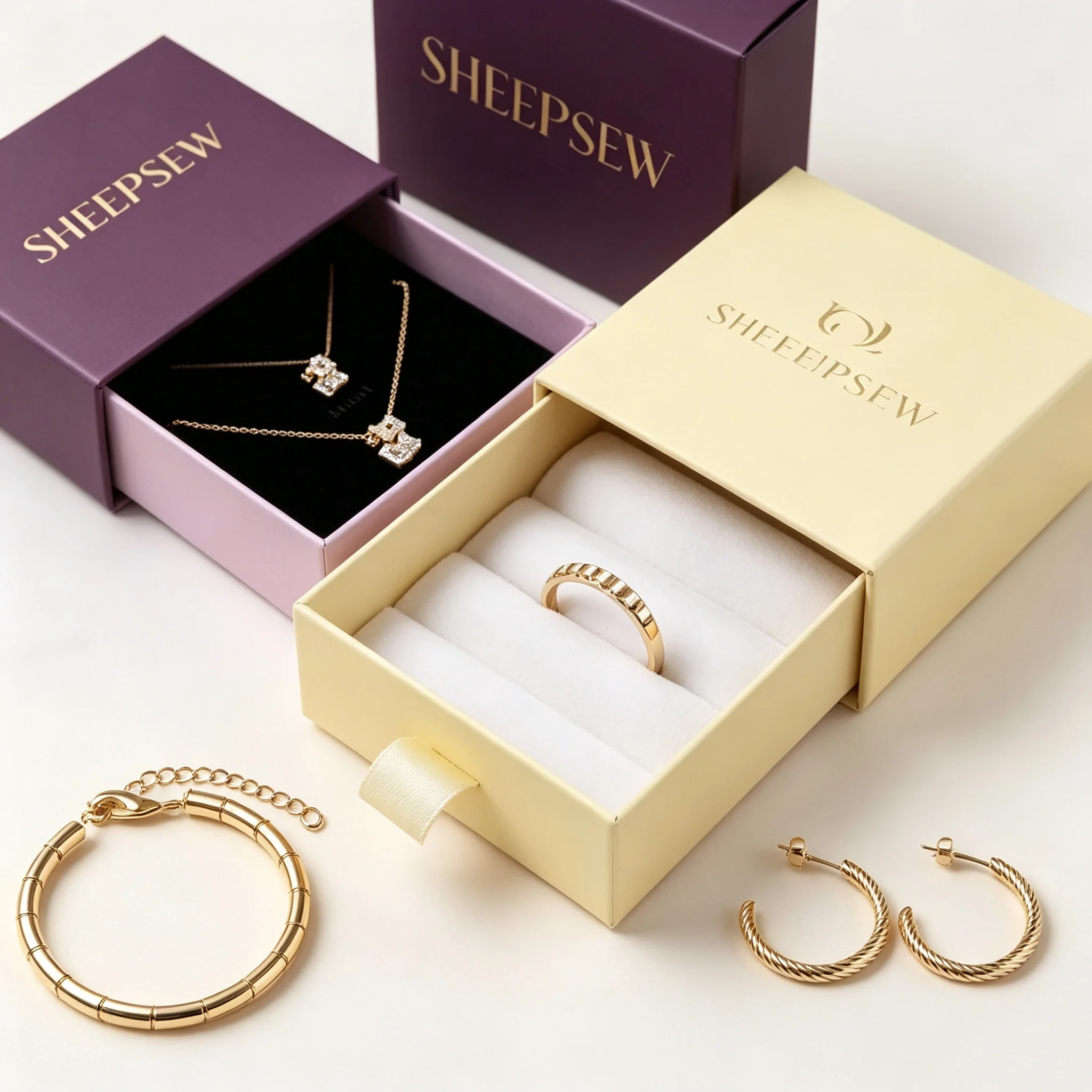 50pcs Sheepsew Recyclable Wedding Ring Jewelry Drawer Rigid Boxes Elegant Necklaces Packaging Gift Box With Custom Logo