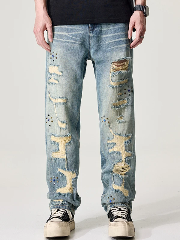 

American Retro Diamond Embedded Hole Jeans Men Summer New Loose Straight Leg Casual Long Trousers Faionable Loose Jeans
