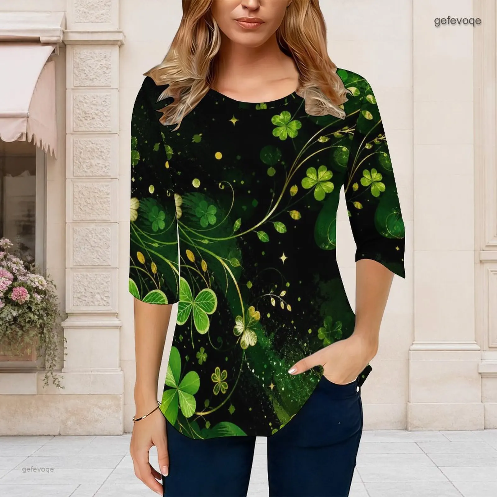 Women Round Neck 3/4 Sleeve Printed Green Four Leaf Clover Pattern Curved Hem Top