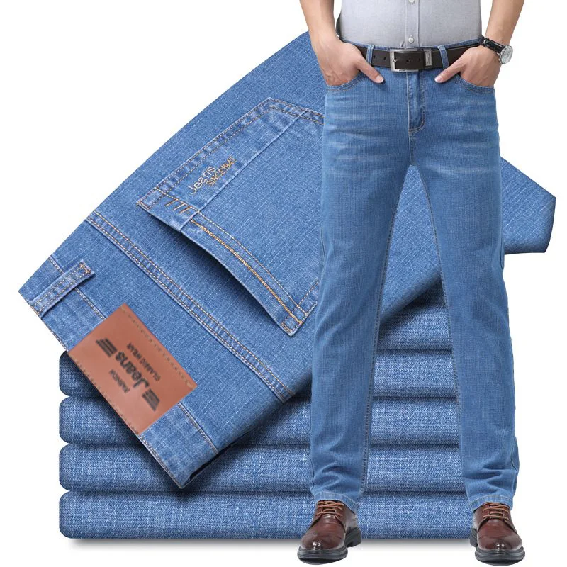 Summer Thin Men's Elastic Cotton Jeans Fashion Sky Blue Comfortable Business Straight Casual Pants Brand Male Clothes Trousers
