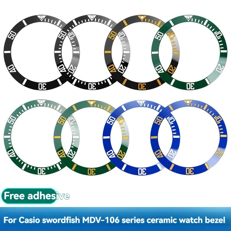 For Casio MDV-106 Duro Ceramic Bezel Insert – 41mm x 32.8mm Replacement with Luminous Bead, Black/Green/Blue Digital Watch Mod
