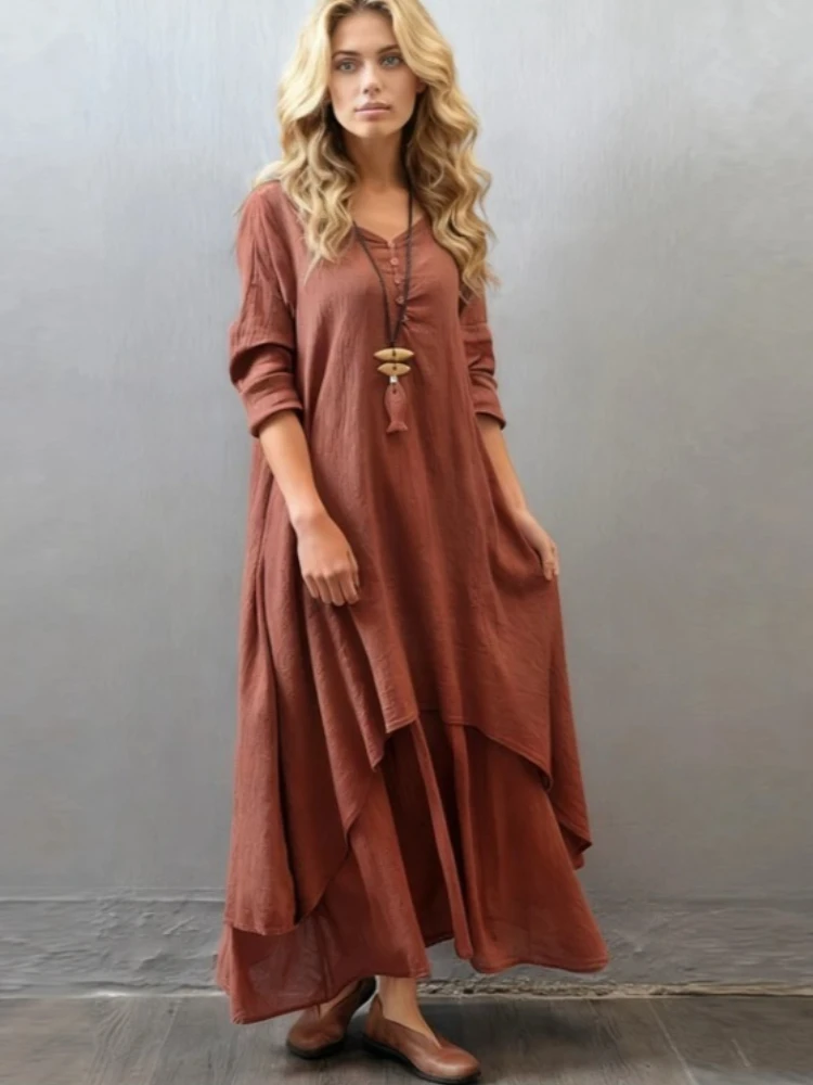 Abito estivo elegante in lino maxi tinta unita Abito casual a maniche lunghe con scollo a V Abito ampio Boho Abiti vintage con orlo asimmetrico