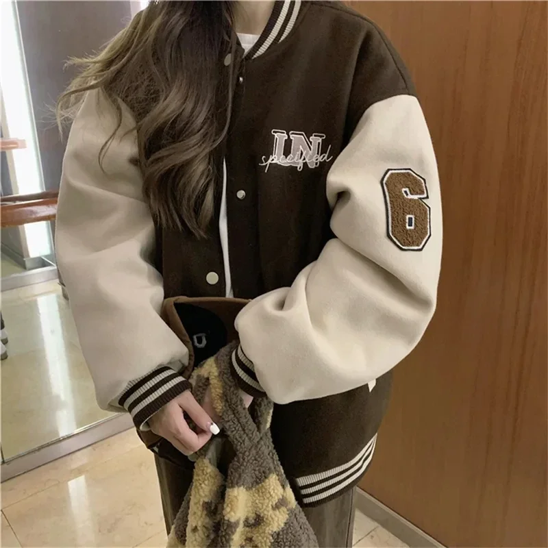 Varsity Bomber Jacket Women Red Brown Korean Fashion Winter Coat Vintage Baseball Jackets Hip Hop Streetwear Outerwear