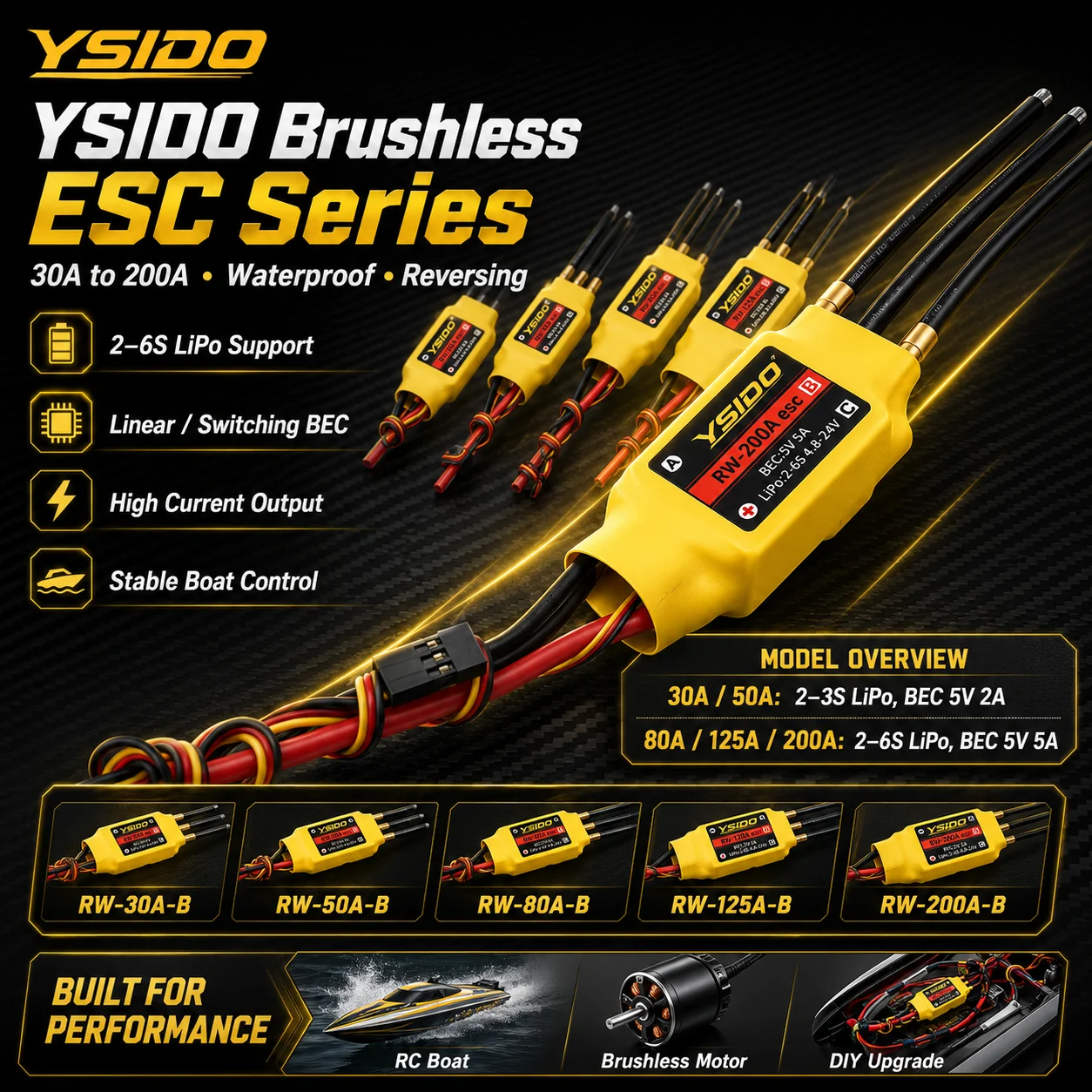 RC Boat ESC Water-Cooled 30A/50A/80A/125A/200A UBEC Brushless Speed Controller ESC Without Reversing Waterproof ESC for RC Boat