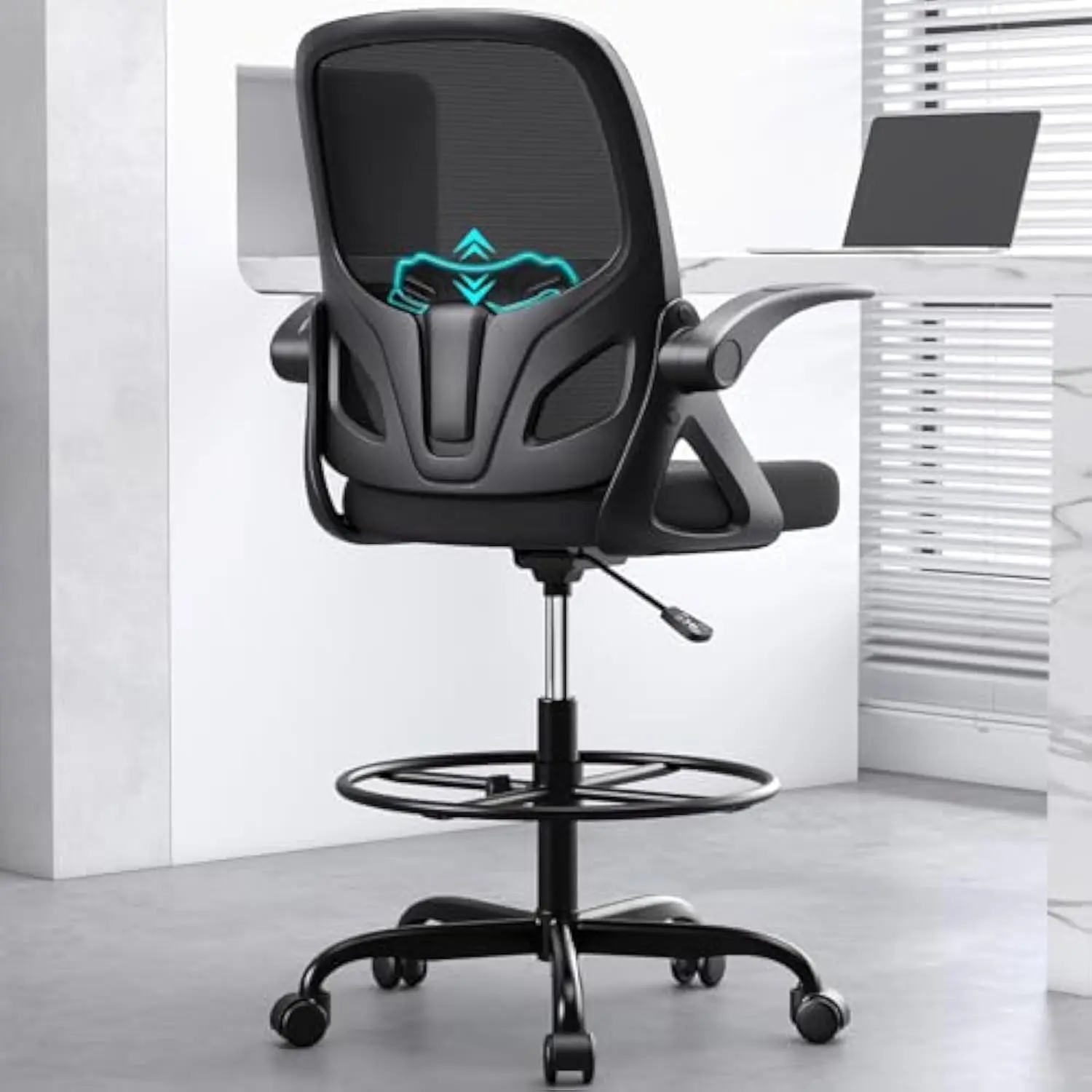 

Tall Drafting Chair with Footrest Ring for Home and Work, Ergonomic Home Desk Office Chair with Flip up Arms and Lumbar Support