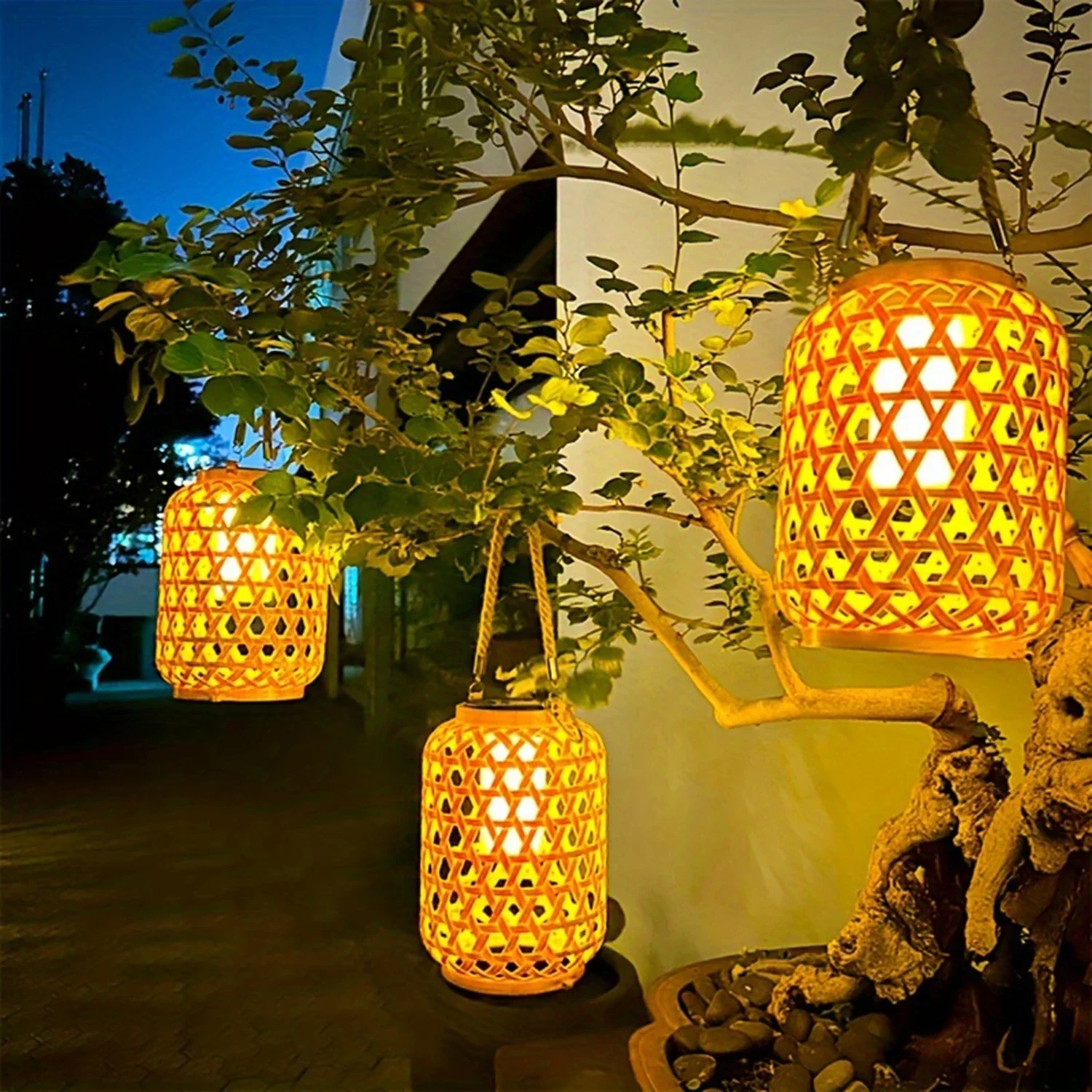 CY 1PC Solar Powered Rattan Lantern Chandelier - Waterproof, Solar Wireless Charging, Rechargeable Nickel Battery