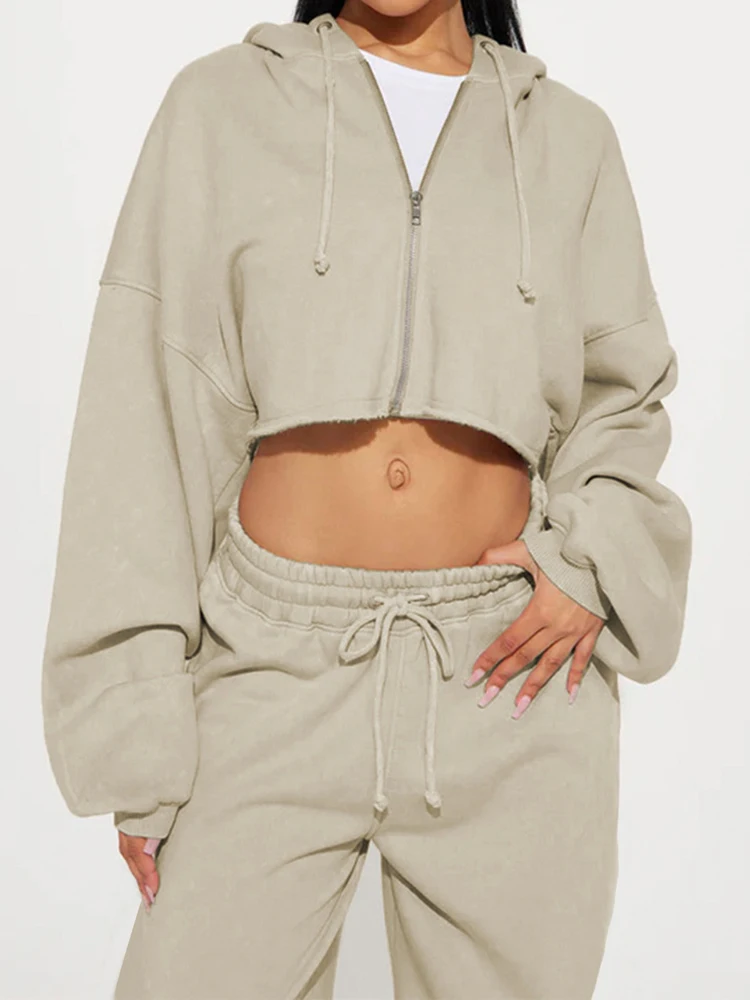 JENYAGE Oversized Zweiteiler-Set für Damen, weicher, einfarbiger, bequemer Crop-Hoodie mit Reißverschluss und Kordelzug, weite Jogginghose, Streetwear-Trainingsanzug – Detail 14