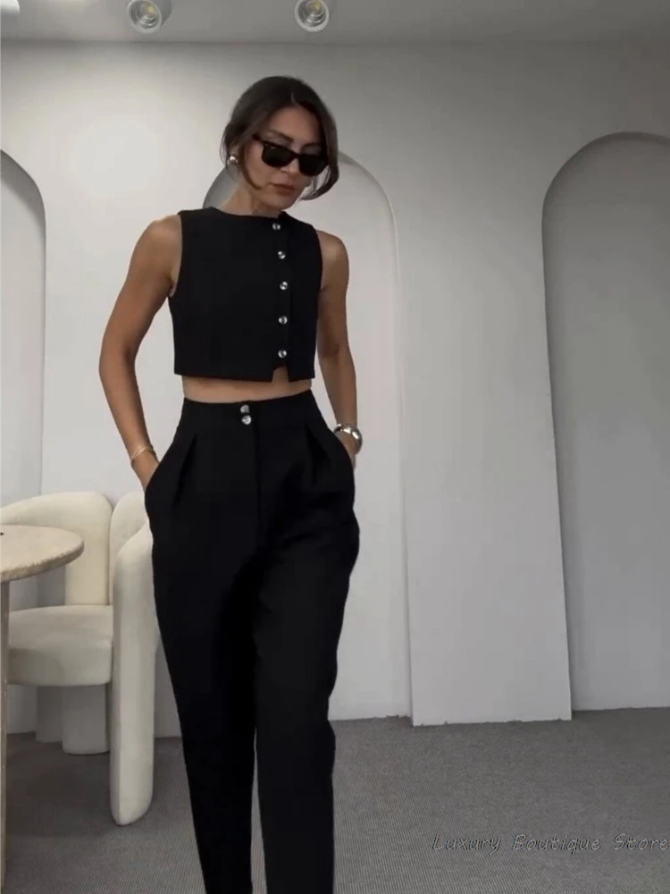 Single Breasted Summer Vest And High Waist Trouser Two Piece Set Fashion Irregular Tank Top And Pencil Pant Sets Office Lady