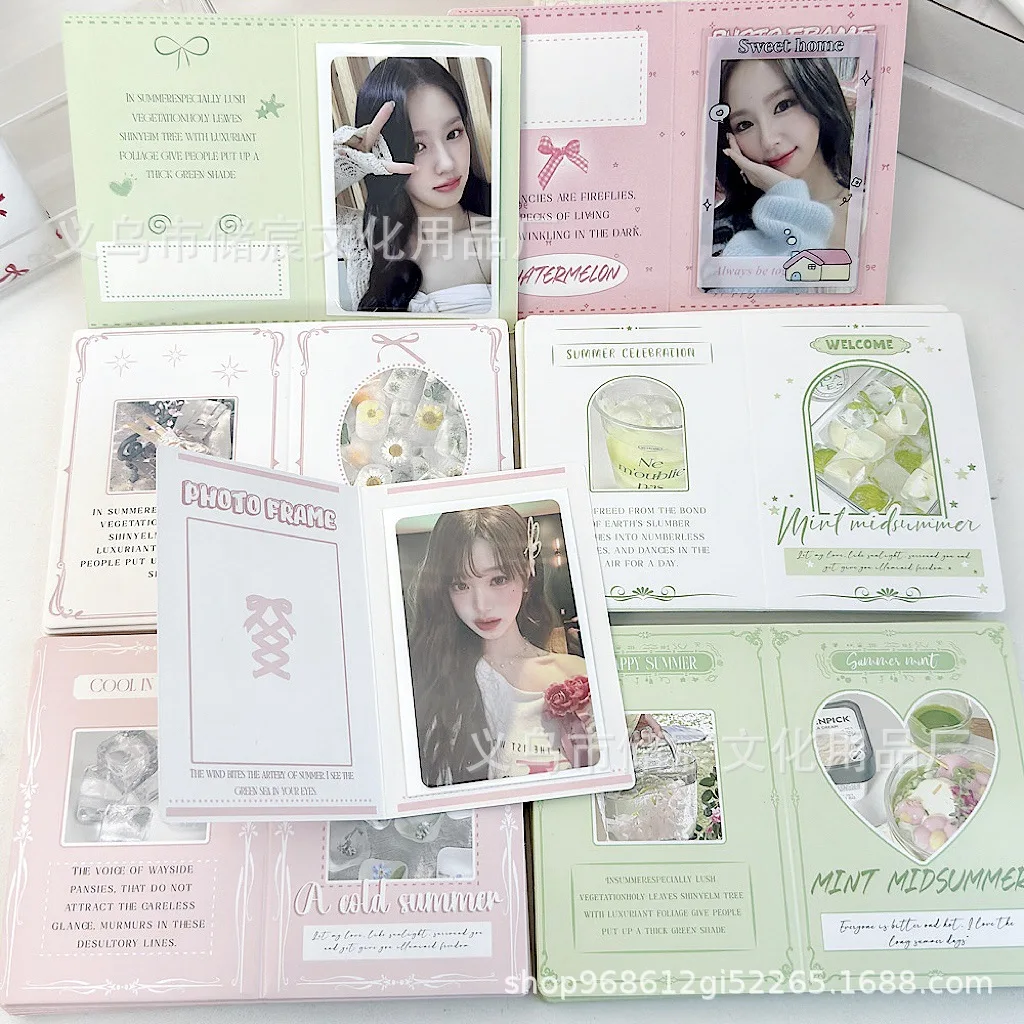 10Pcs INS Spring/Summer Pink Green Mini Folding Back Card Small Fresh Korean Kpop 3-Inch Photo Card Packing Deco Cute Packaging