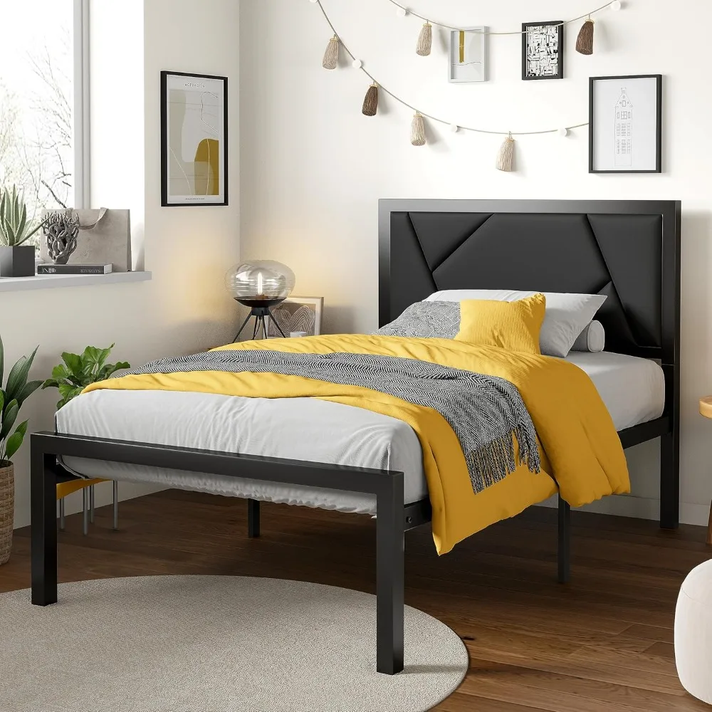 

Metal Bed Frame with Leather Upholstered Headboard Linear Geometric Design Heavy Duty Metal Slats Support Platform