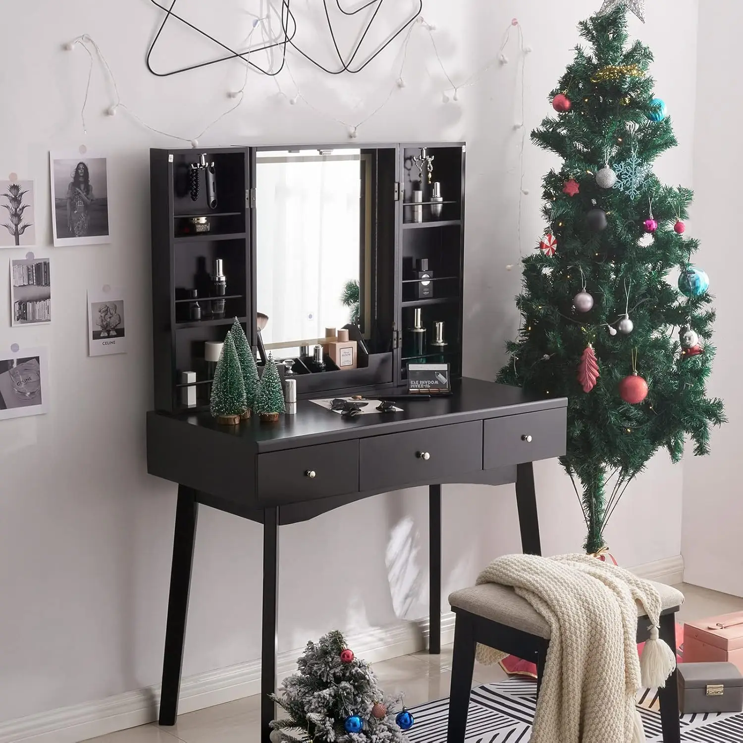 Ensemble de bureau de maquillage noir avec lumières, coiffeuse avec 3 modes d'éclairage pour documents, luminosité réglable, table de maquillage