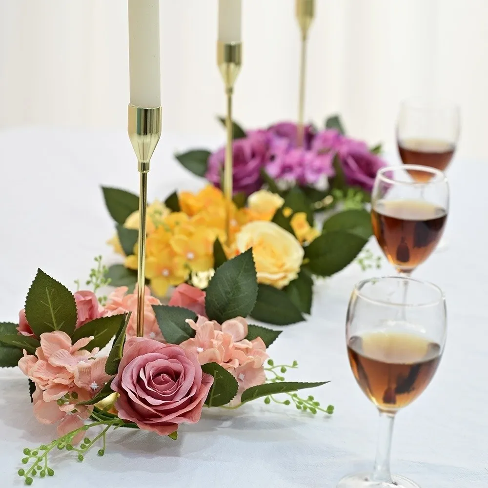 

New Silk Artificial Flowers Simulated European Style Candle Rings Wreaths Fake Rose Flower Table Decoration