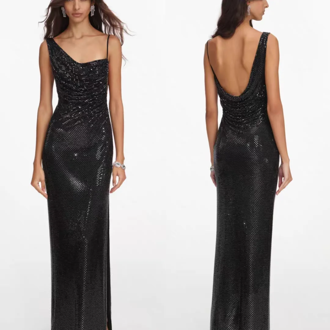 

Women Black rhinestone camisole maxi dress high waist backless fashion sexy party long dress