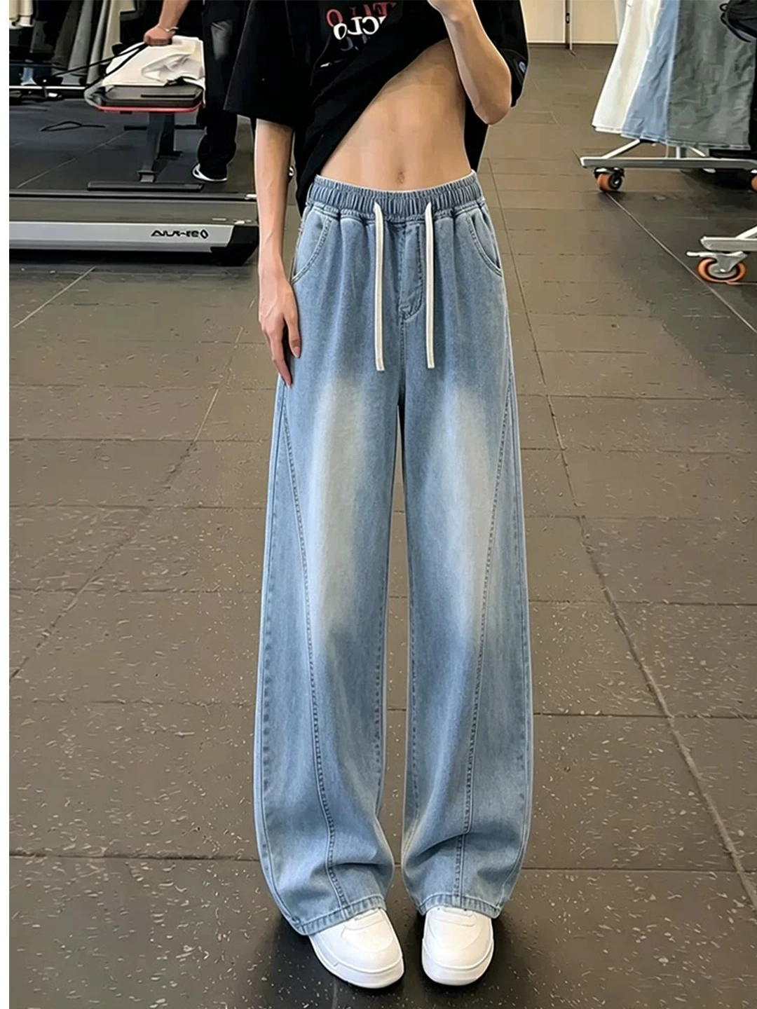 

Light Blue Men's Summer Slim Straight Jeans Retro American Style Ice Cool Feeling Loose Wide Leg Pants Casual Wear
