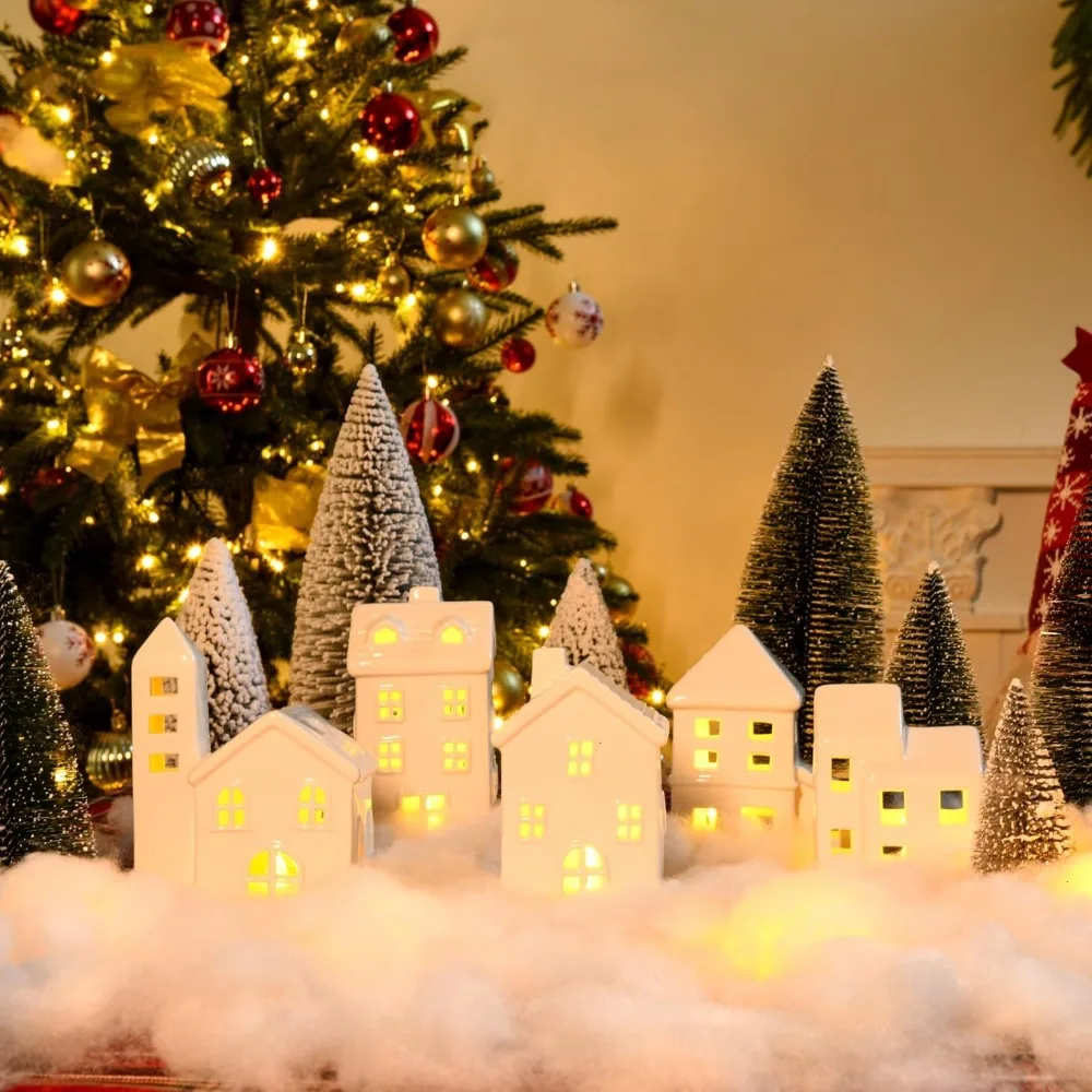 Ceramic Christmas Village Houses, 5 White Christmas Houses, 9 Christmas Trees, and Fake Snow Farmhouses