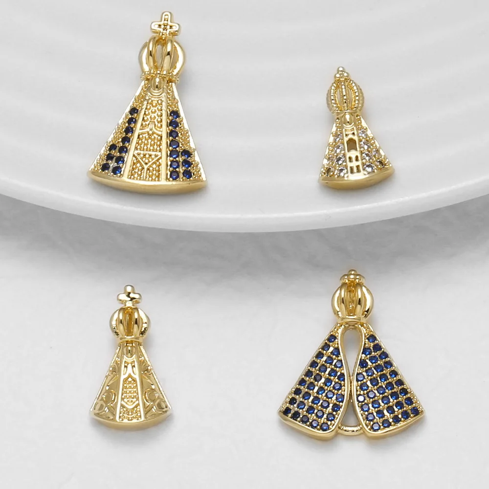 OCESRIO Fashion Blue Crystal Religion Virgin Mary Pendant for Necklace Copper Gold Plated Jewelry Making Component pdta290
