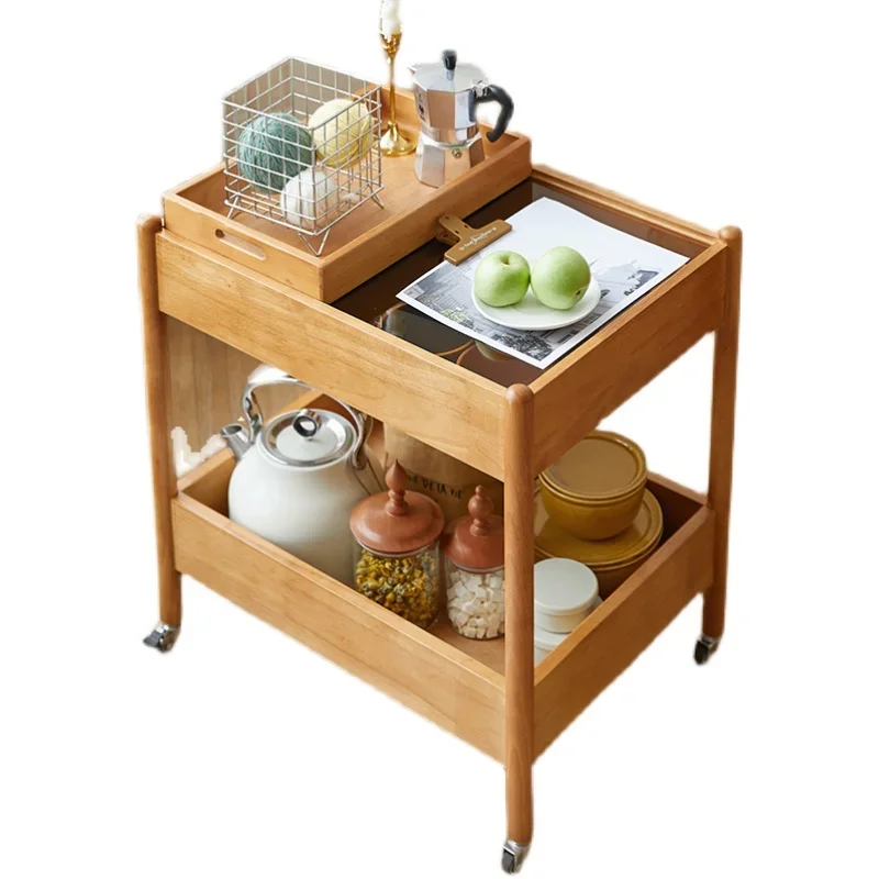 

Solid wood movable side table, simple coffee table, small storage push with wheels