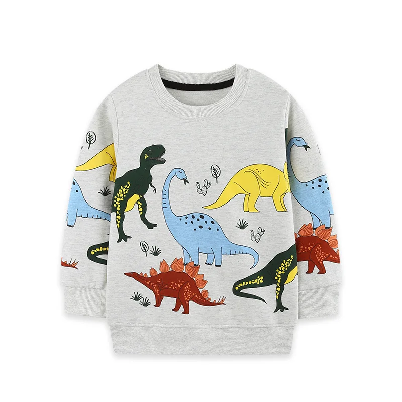 Kids Boys 100% Cotton Tops Pullover Hoodies Sweatshirts, Cute Dinosaur Full Print Long Sleeve Children Crew Neck Sweat Top