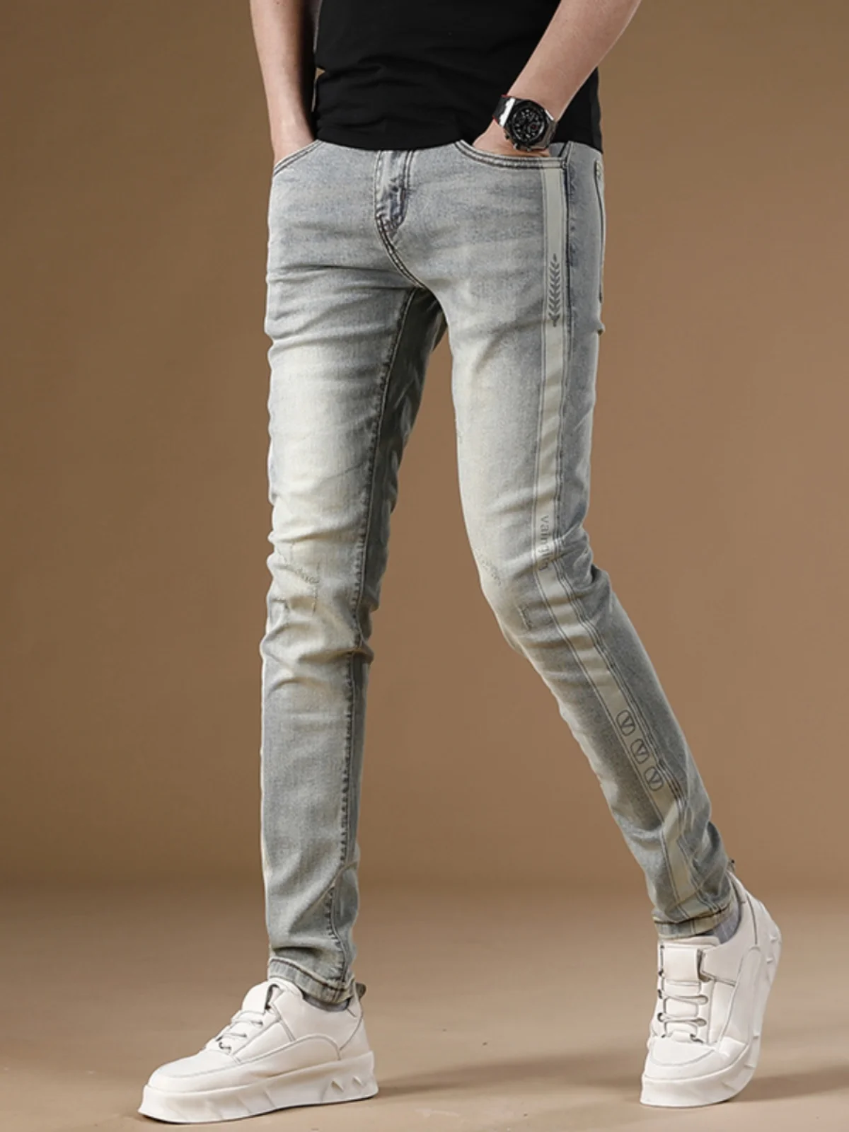 

Fall New Sle High-End Printed Men's Jeans Faionable Elastic Casual Pants Slim Fit Long Trousers Versatile Youth Cotton St...