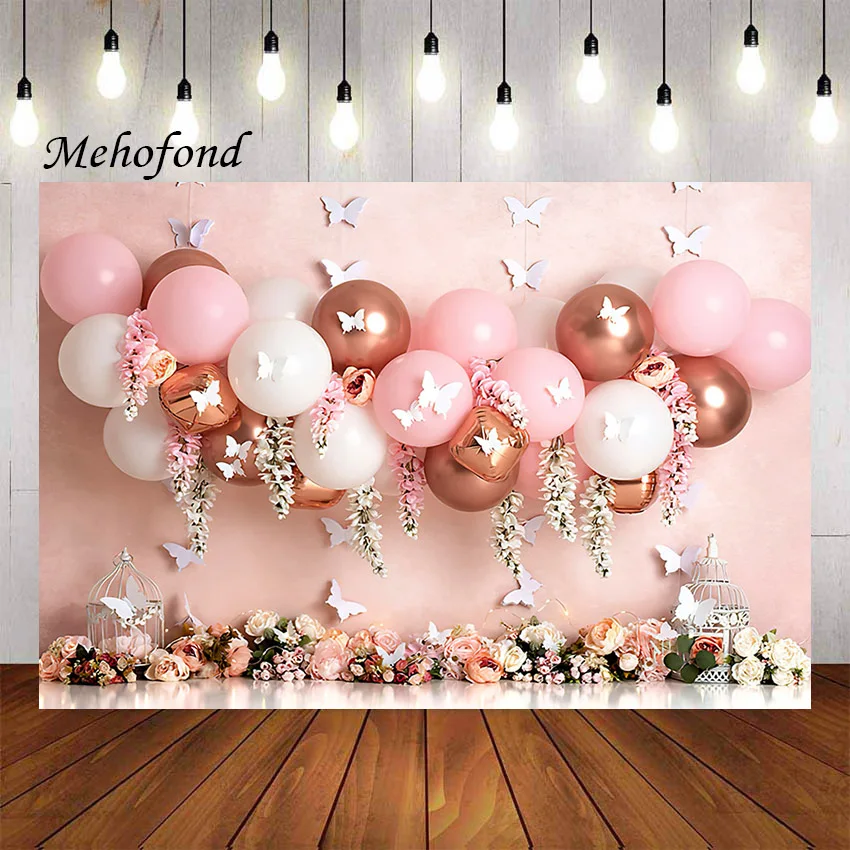 Mehofond Photography Background Wonderland Pink Flowers Butterfly Girl 1st Birthday Party Cake Smash Decor Backdrop Photo Studio