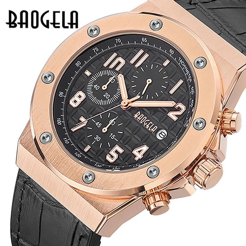 BAOGELA Men\'s Chronograph Quartz Watches 2024 New Waterproof Sports Casual Wrist Watch Man Leather Strap Clock 1805 Rose Black