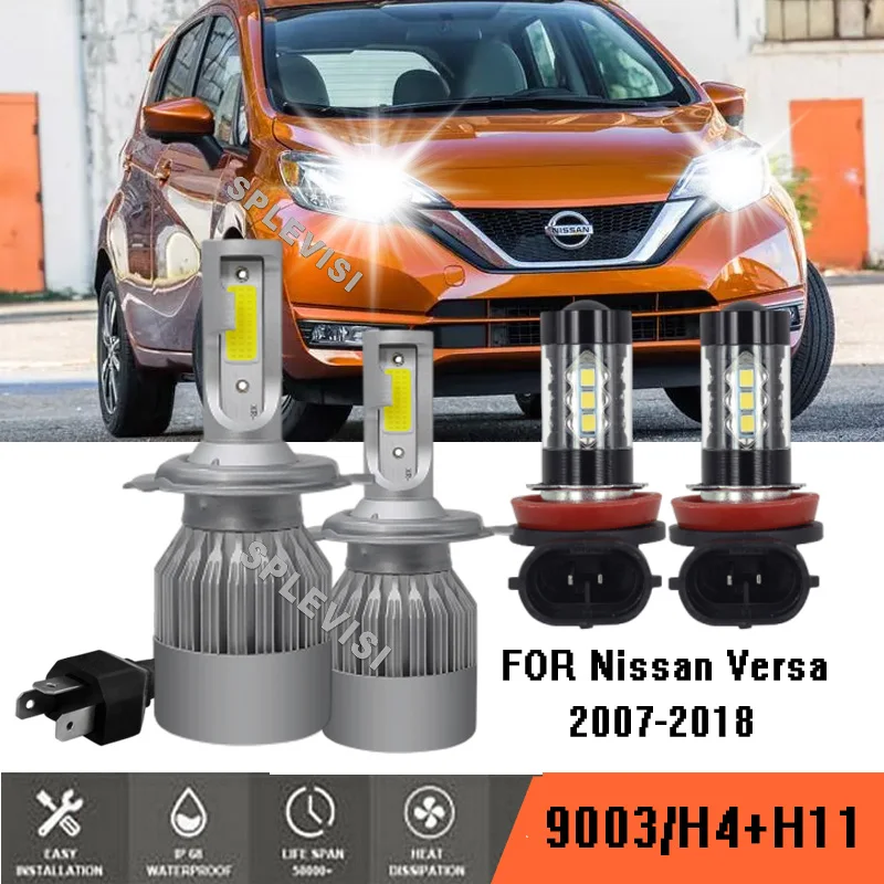 

4x Combo H4 H11 LED Headlight Kit High/Low+Fog light Bulbs 6000K White For Nissan Versa 2007-2018 2008 2009 2010 2011 2012 2013