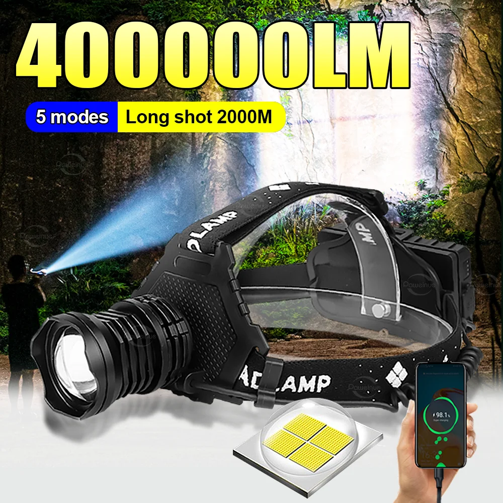 

400000LM налобный фонарь сверхмощный XHP199 светодиодный налобный фонарь супер яркий налобный фонарь с большой апертурой дальнего действия налобный фонарь для кемпинга