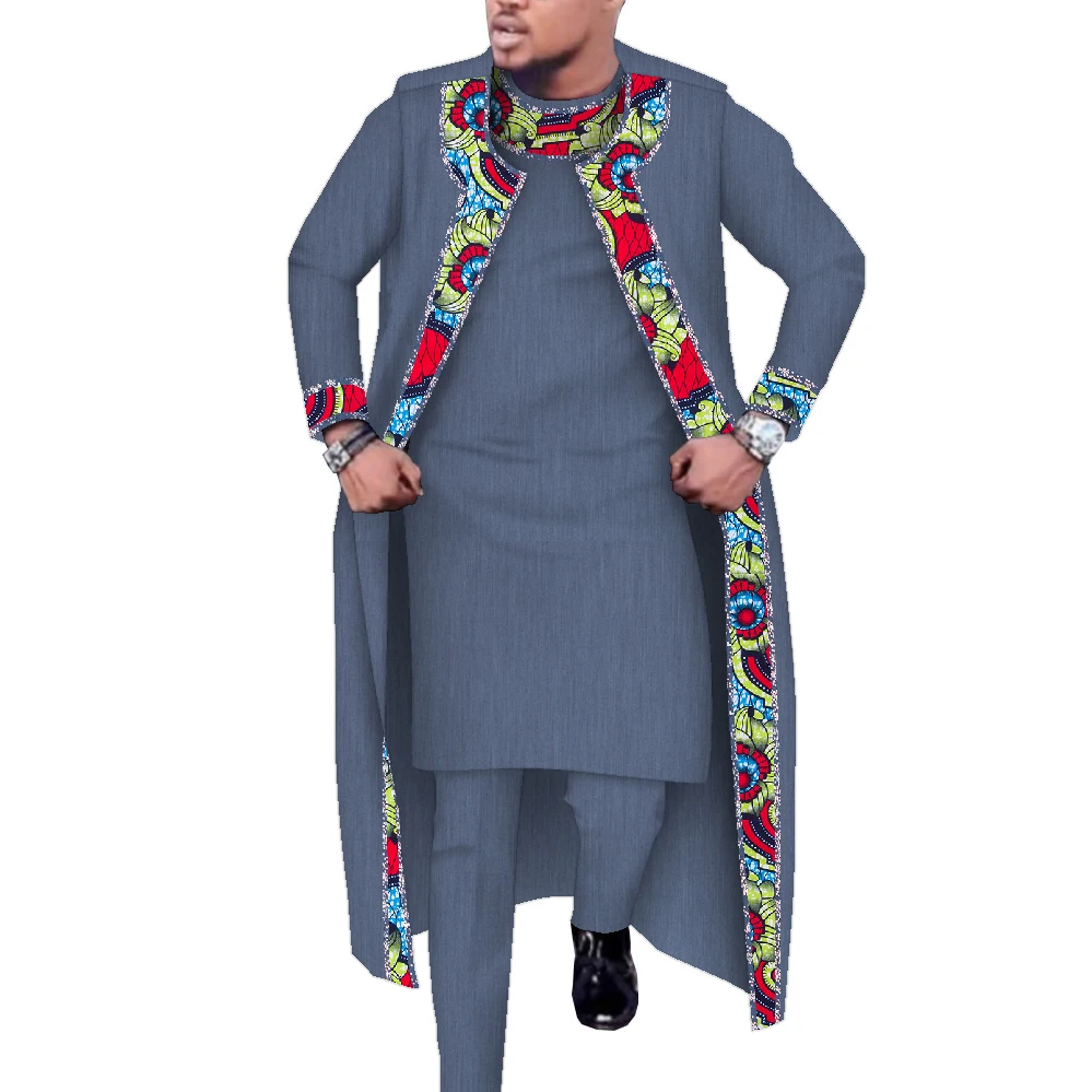 Conjunto de 3 uds. De bata larga, Tops y pantalones, trajes con estampado africano, bata larga de algodón, conjuntos de pantalones para fiesta, boda, ropa africana para hombres Wyn1555