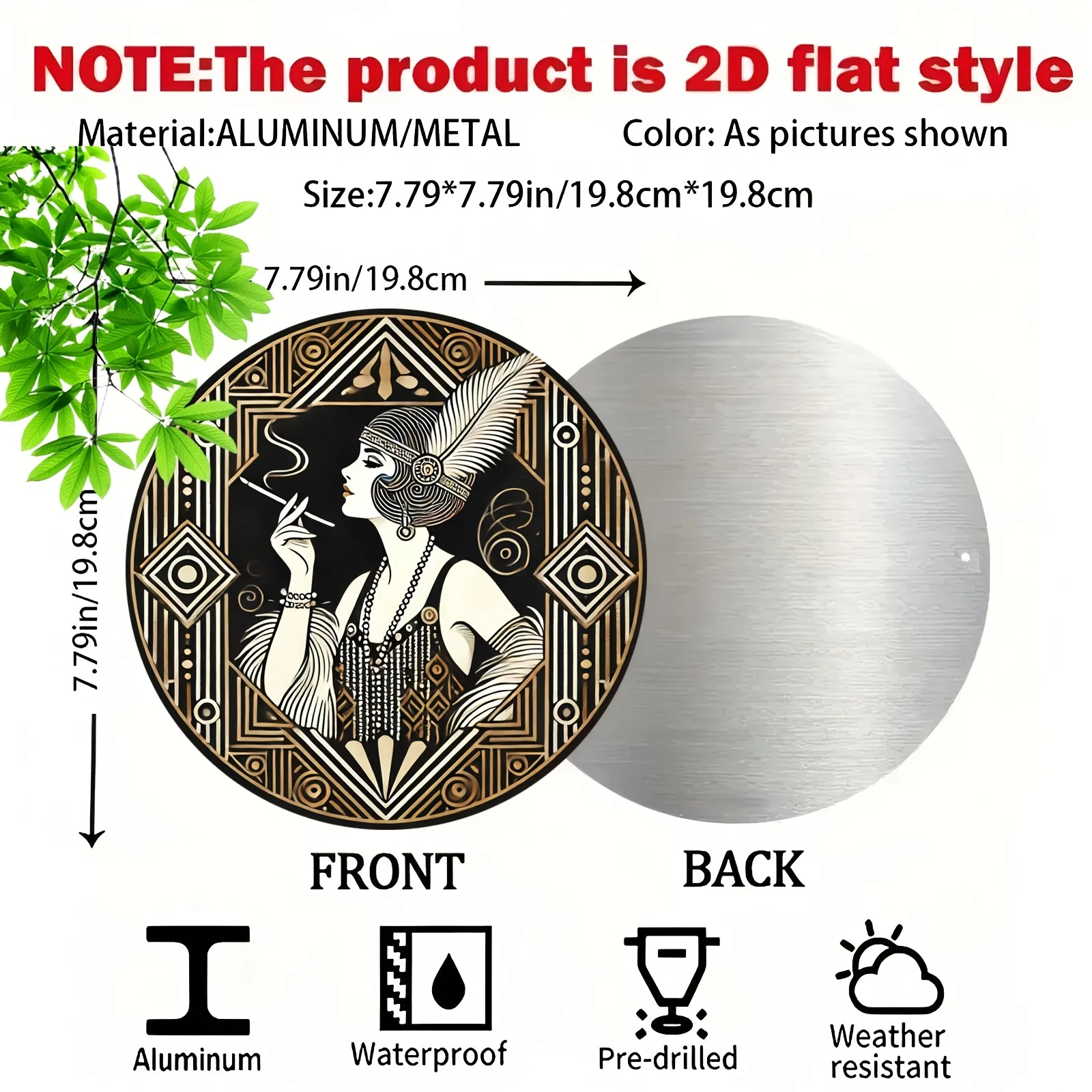 2D Flat,  Roaring 20s Flapper Aluminum Sign - EleganRound ArDeco Design with Feather, Cigarette, and Geometric Patterns