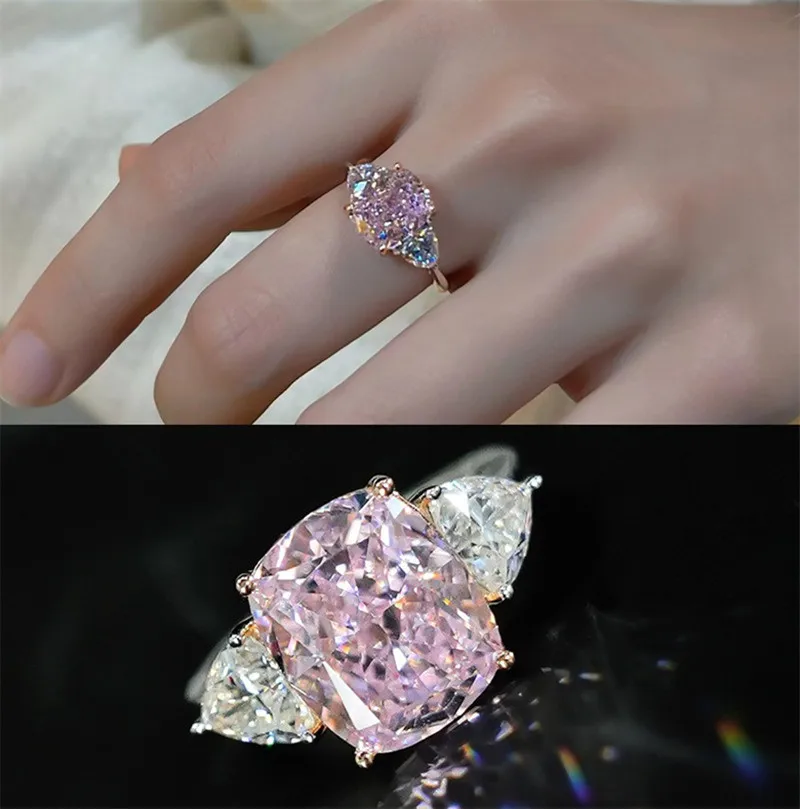 Anillos de piedras preciosas con diamantes de cuarzo rosa de corte brillante clásico para mujer, alianzas de boda de Plata de Ley 925 rellenas de oro blanco, bisutería