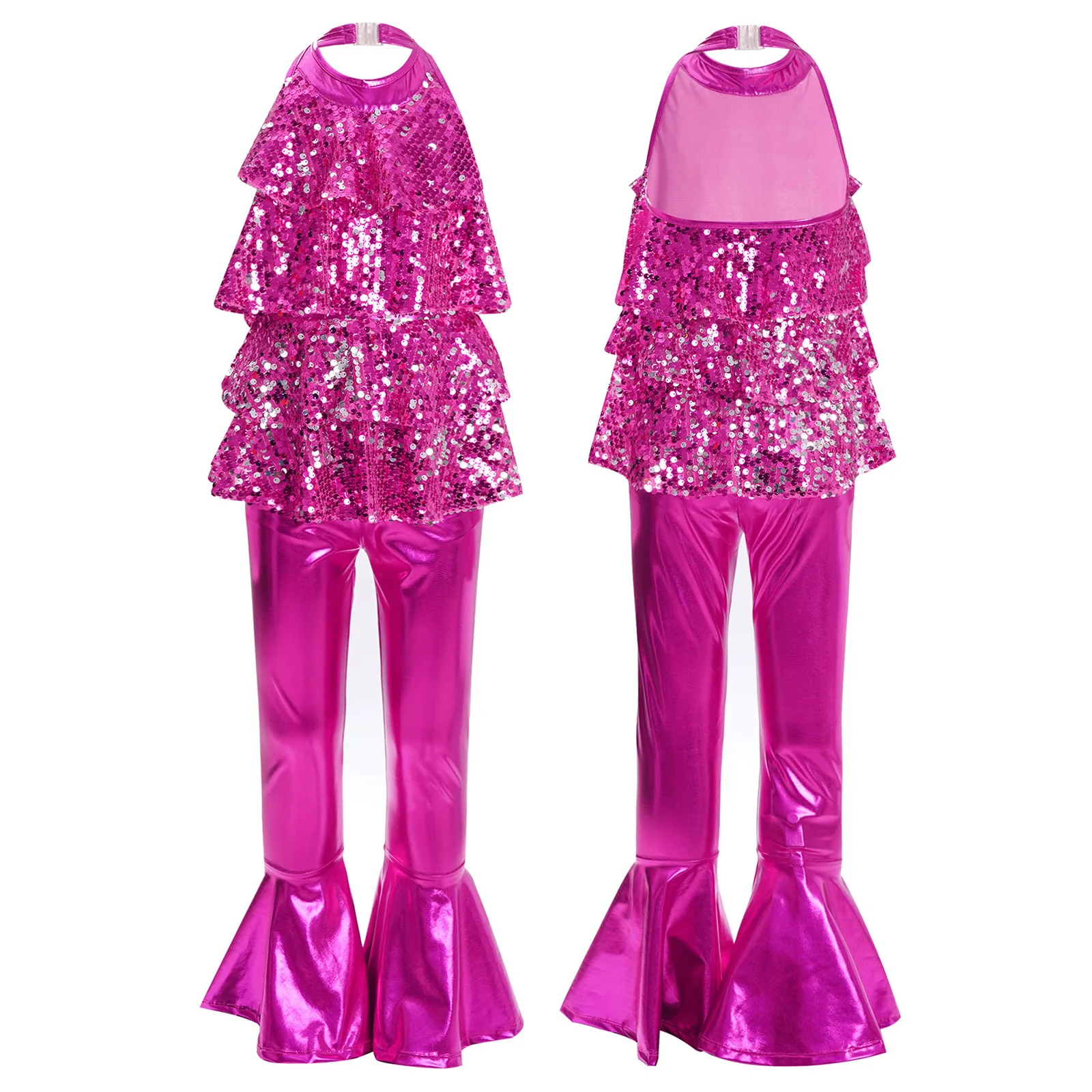 Kids Girls Jazz Latin Dance Costume Halter Sequins Ruffles Culotte Leotard+Metallic Bell-bottom Pants Disco Modern Dance Outfit