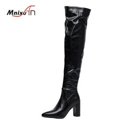 Stivali alti alla coscia donna bianco nero moda cerniera sopra il ginocchio stivale Sexy discoteca danza signore scarpe lunghe taglia grande 44 45 46