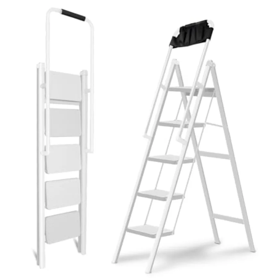 

Double Elite Step Ladder 5 Step Folding with Handrails Safer 5 Step Ladders for Home Convenient Folding Step Stool with Tool Ba