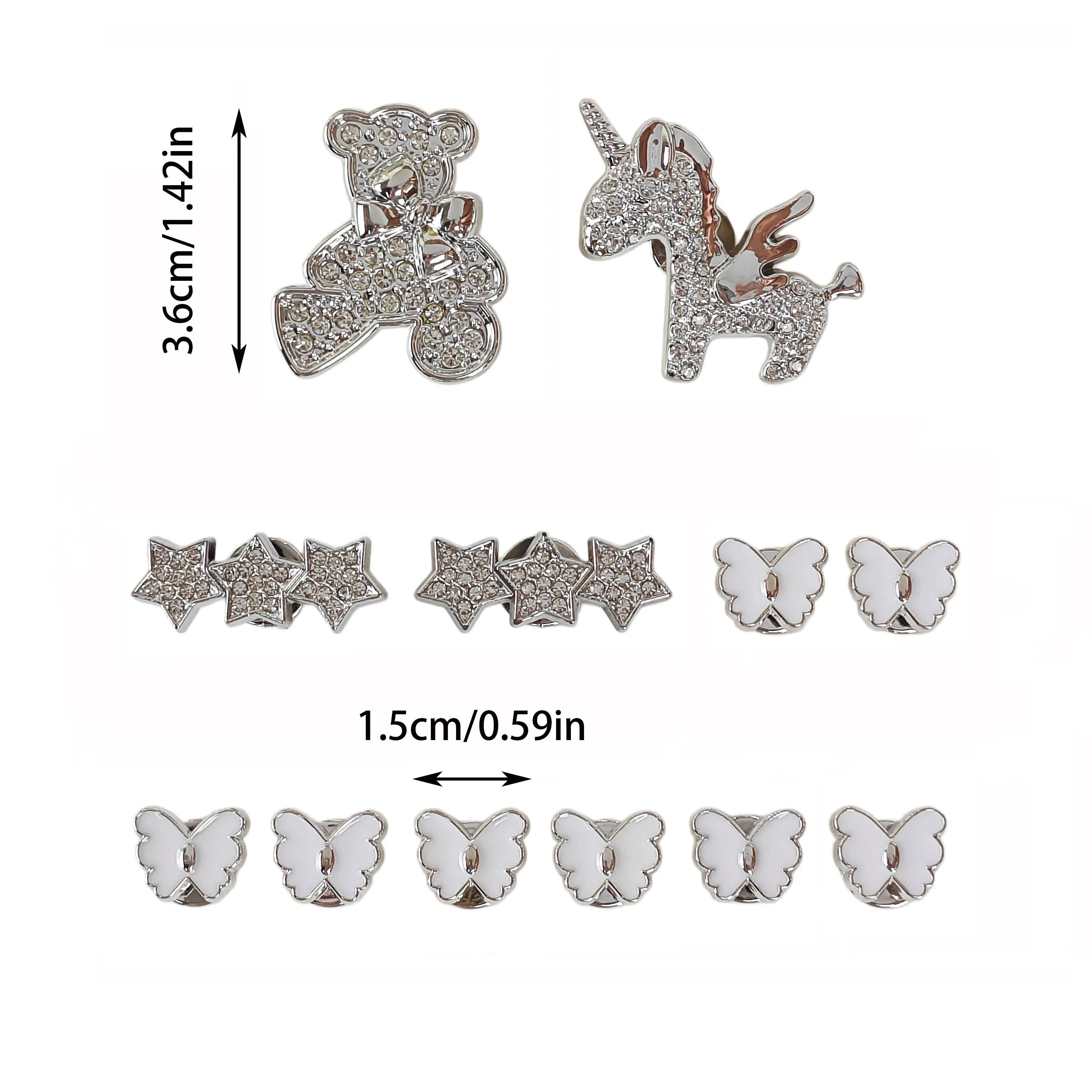 12Pcs DIY Shoe Decoration Charms Shiny Bear, Unicorn, Star, Butterfly Decorative Buckles Non-Metallic Lightweight Material Y2K Fashion Versatile Cute Personalized for Men and Women Suitable for Eva Beach Shoes, Sandals, Removable Shoe Decorations, Holiday Gifts Category: Shoe Decorations