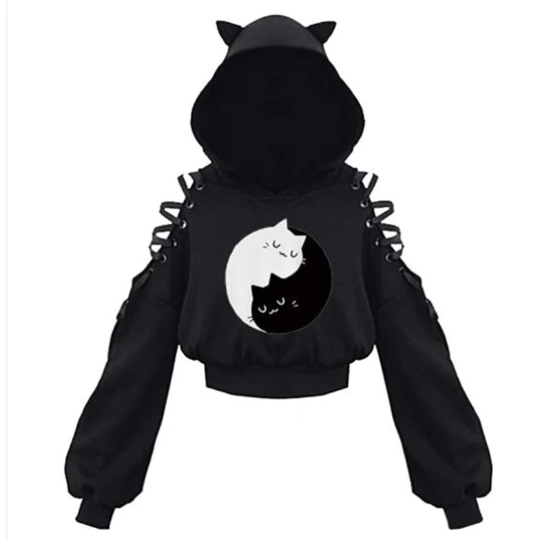 Womens Cute for CAT Ears Long Sleeve Hoodies Hollow Out Cold Shoulder Lace-Up Loose Crop Top Harajuku Graphic Sweatshirt