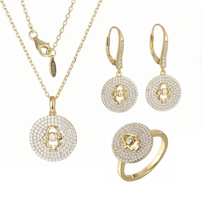 

Carline Hotsale Round 18K Gold Plated 925 Sterling Silver Jewelry Marquise Iced Out Zircon Fine Hollow Necklace Earring Ring Set