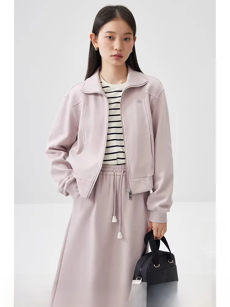 

Pink Sweatirt Set Women's Double Zipper Casual Sle Two-Piece Suit Ele Long Skirt Cotton Spring Faion Ensemble