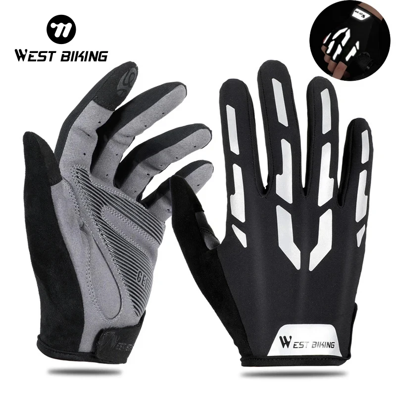 WEST BIKING Spring Summer Cycling Full Finger Touch Glove Gym Men Women Non Slip Skull Reflective Fingerless Mitt Crossfit Sport