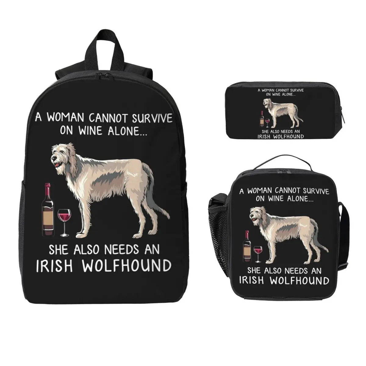

Irish Wolfhound And Wine Funny Dog Backpack Boys Girls BookBag School Bag Shoulder Bags 3ps Insulated Lunch Bag Pencil Case