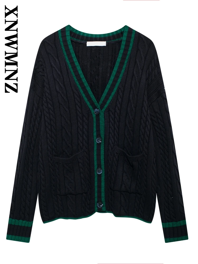 XNWMNZ 2024 New Autumn Woman's Casual V-Collar Long Sleeve Single-breasted Cardigan Top Female Fashion Solid Color Knit Coat