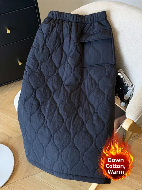 따뜻한 면 스커트, 슬릿이 있는 신축성 있는 허리밴드, 플러스 사이즈 여성용 A라인 스커트, 예술적인 단색 호박 무늬 스커트