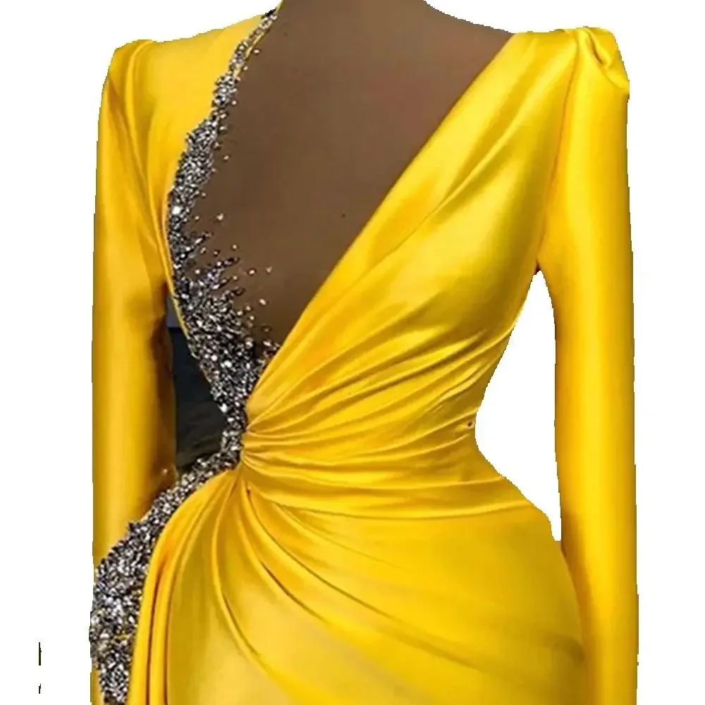 Fashion Sequins Beaded Women Evening Dresses Yellow Long Sleeve V-Neck Sexy Mermaid Party Gowns Chic Satin Pleats Prom Dresses