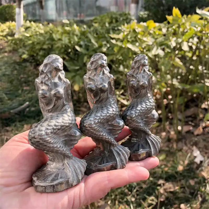 

Natural Pyrite Mermaid Carving Animal Handicraft Healing Fengshui Exorcism Ornament Gem Gift Decoration 1pcs
