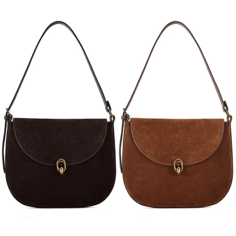 

2025 New Women Saddle Bag Retro Genuine Leather Suede Women Shoulder Bags Lightweight Fashion Ladies Crossbody Bag Underarm Bag