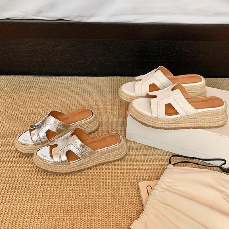 

Retro Women Shoes Luxury Genuine Leather Wedge Heel Slippers for Woman Elegant Casual Shoes Fashion Designer Shoes Zapatos Mujer