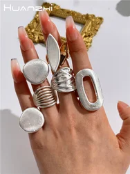 HUANZHI Chunky Sliver Color Rings for Women Men Elastic Rope Connection Irregular Geometric Hollow Matte Fashion Trend Jewelry