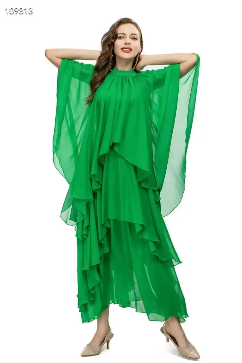 Primavera e verão novo estilo de praia pequeno gola em camadas irregular chiffon plissado folha de lótus renda vestido feminino S-3XL