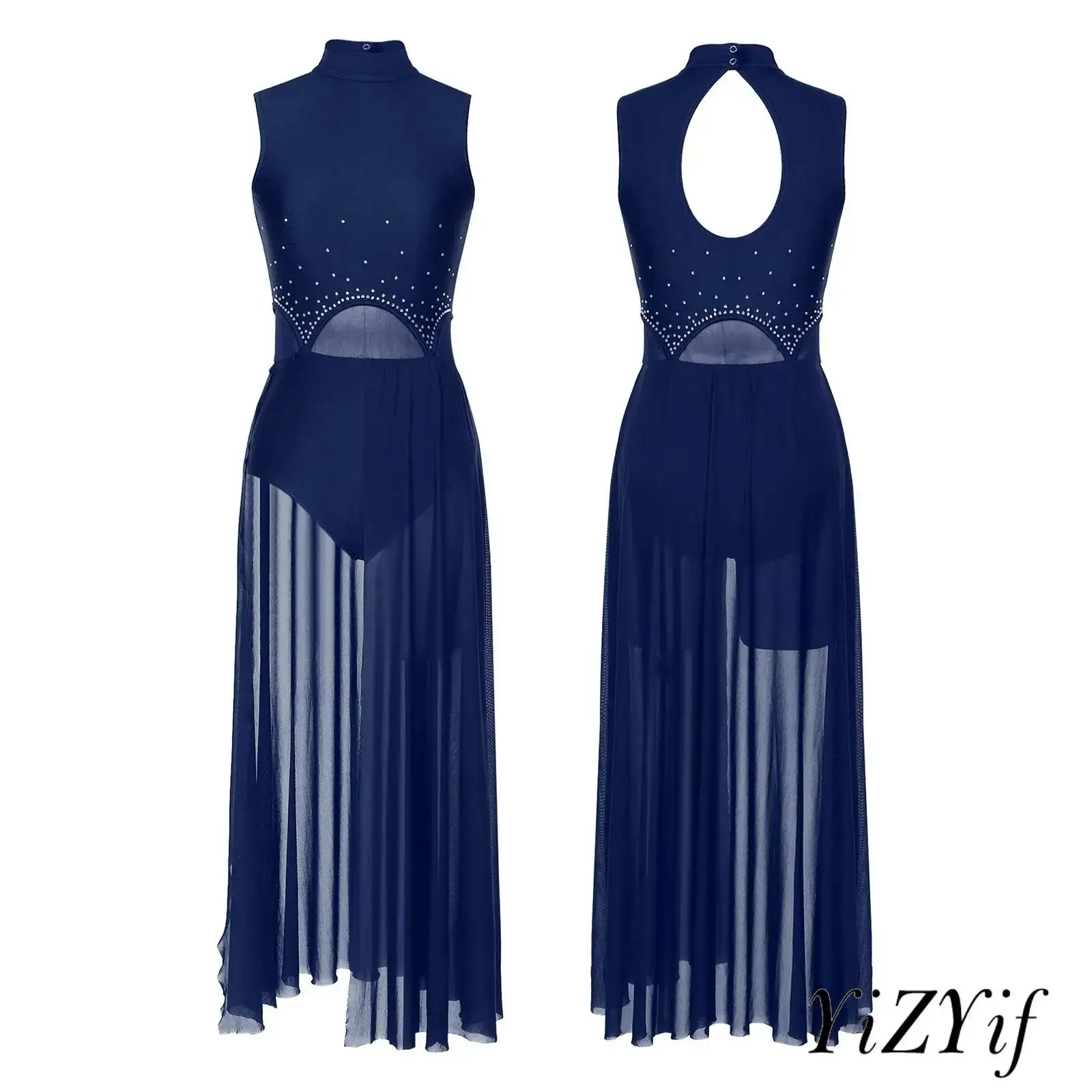 

Sleeveless Performance Dress for Womens Built-in Briefs Press Button Closure Rhinestone for Lyrical Modern Dance Classes Costume