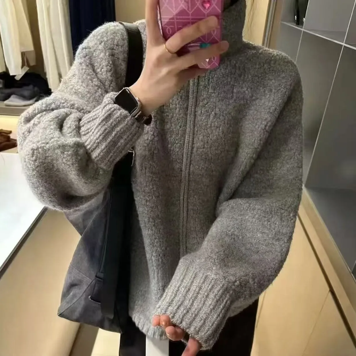 السيدات شيك فرو الضأن البلوز ملابس خارجية مزدوجة سستة الوقوف طوق فضفاض كسول Sle الشتاء الخريف حجم صغير #2